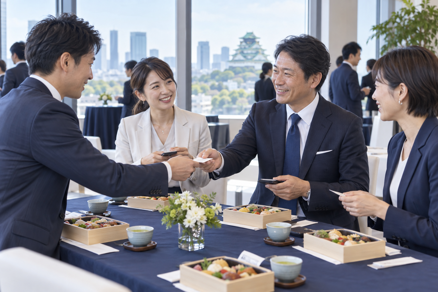会場で参加企業がランチを取りながら交流しているイメージ